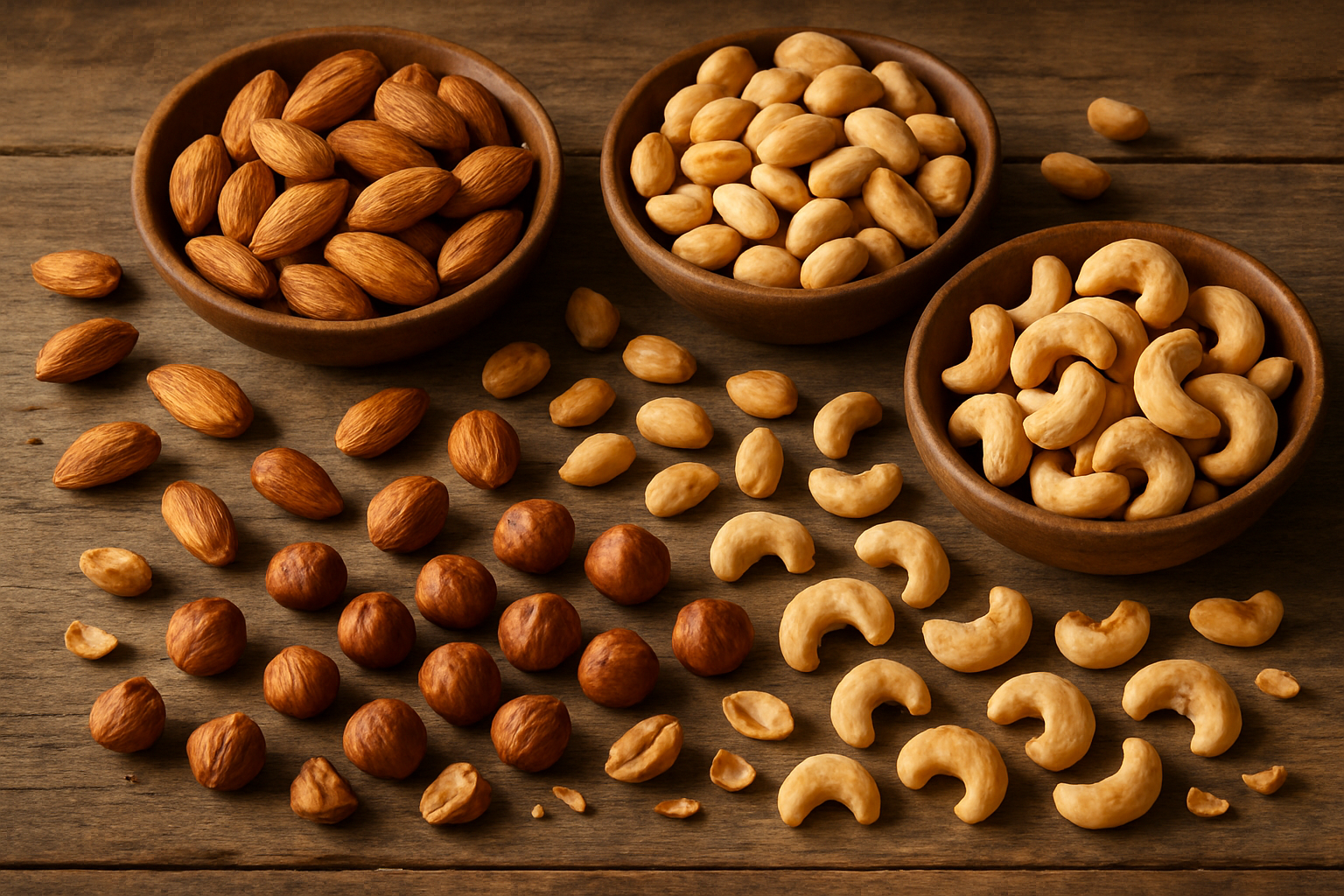 una mesa rustica con almendras tostadas, cacahuates tostados, avellanas tostadas y nueces de la india tostadas